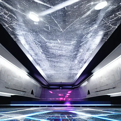 Image similar to a spaceship beaming a light underneath, lasers all over the scene, strobe lights, winter, dark scenery, dark lighting, cinematic, cold freezing nights, laser lights, crybernetic, top floor boss shit, destroy lonely, black floor, lavish, luxurious, marble walls, cinematic, hyper realism, high detail, octane render, 8 k
