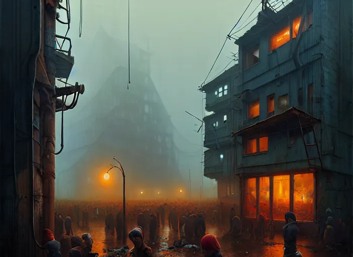 Image similar to waiting in line for cold soup by simon stalenhag and gil elvgren and tom bagshaw and marc simonetti and jan miense molenaer, slums, highly detailed, hyperrealism, dreary, cold, cloudy, grey, smog, high contrast, solarpunk, futurepunk, high saturation, intricate complexity