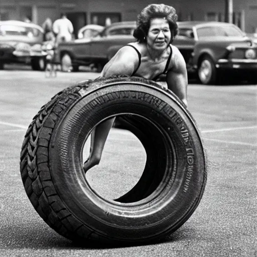 Image similar to cropped photo of muscular bodybuilder woman lifting vintage car tires, film grain, specular highlights, 3 5 mm lens, government archive photograph