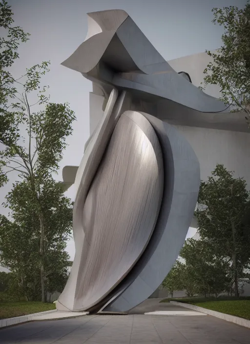 Prompt: highly detailed realistic architecture 3 d render of a wood and metal stele monument in zaha hadid style standing on a side of a road, archdaily, made in unreal engine 4 octane render