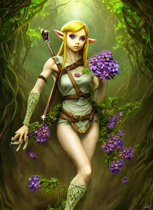 Prompt: beautiful full body portrait of the legend of Zelda ocarina of time great fairy, her body wrapped with ivy vines leaves and flowers, dark fantasy esoteric, D&D, fantasy, cinematic lighting, intricate, elegant, highly detailed, digital painting, artstation, concept art, matte, sharp focus, illustration, art by Artgerm and Tom Bagshaw and Greg Rutkowski and Alphonse Mucha