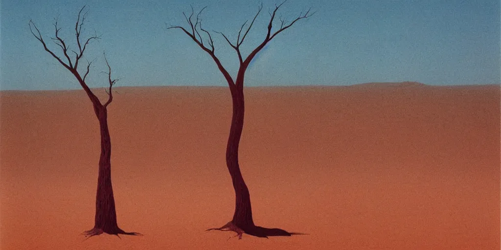 Prompt: dry desert with a tree in the shape of a slender women in the style of Zdzisław Beksiński