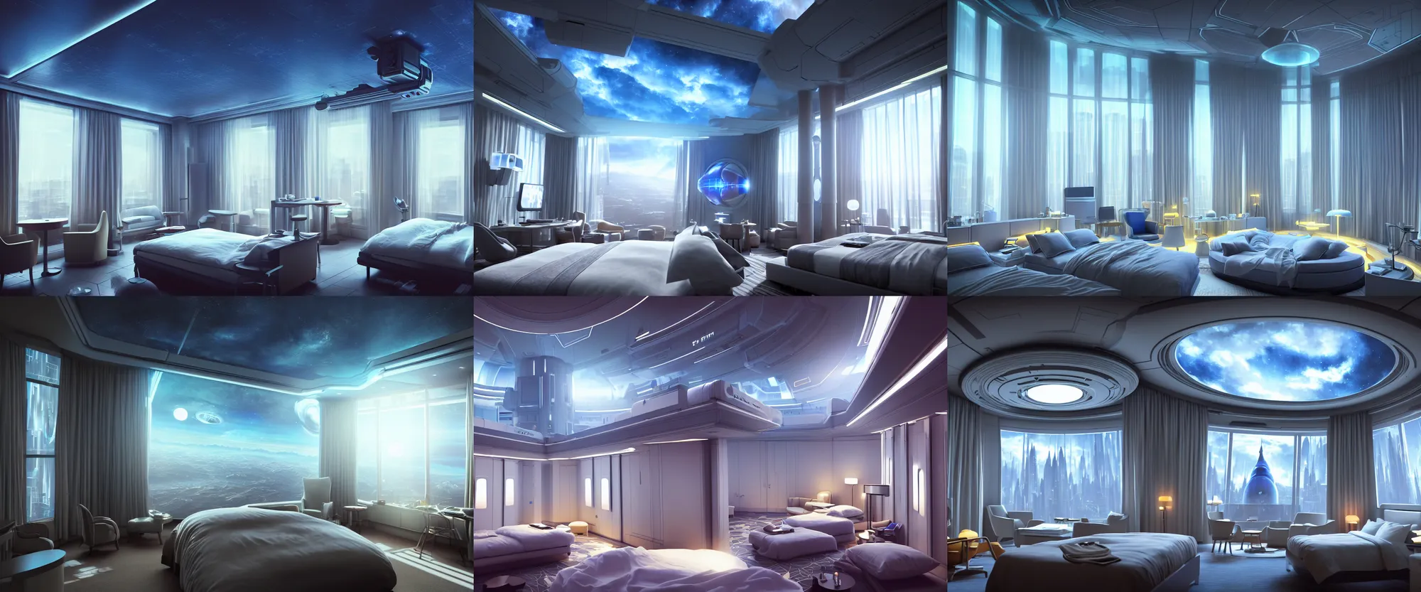 Prompt: very wide cinematic high angle shot inside a scifi combination of hotel room and capsule hotel as ikea ad, very tall cathedral ceiling with mural of sky, archviz render, archdaily, scifi artstation concept, comfy lighting, mass effect, fine details, unreal engine, hyperrealism, realistic shading, blender render