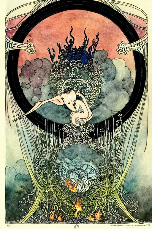 Prompt: a black cauldron over burning flames in the center of an ornate circular floral frame, detailed art by kay nielsen and walter crane, illustration style, watercolor