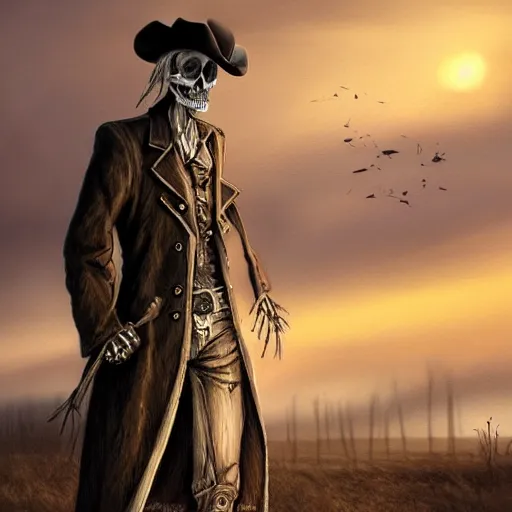 Image similar to a wounded skeleton cowboy in a long coat watching a sunset, concept art, DeviantArt, art station, illustration, highly detailed, artwork, cinematic, hyper realistic