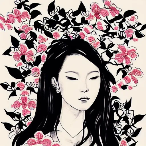 Image similar to tattoo design, stencil, traditional Japanese, beautiful portrait of a girl surrounded by flowers by artgerm, artgerm, digital art