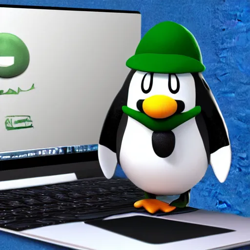 Prompt: penguin from linux with a luigi hat sits in front of a laptop, background is a room filled with anime posters, digital art, blender, 4 k