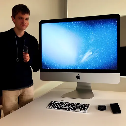 Prompt: linus sebastian showing the brand new imac