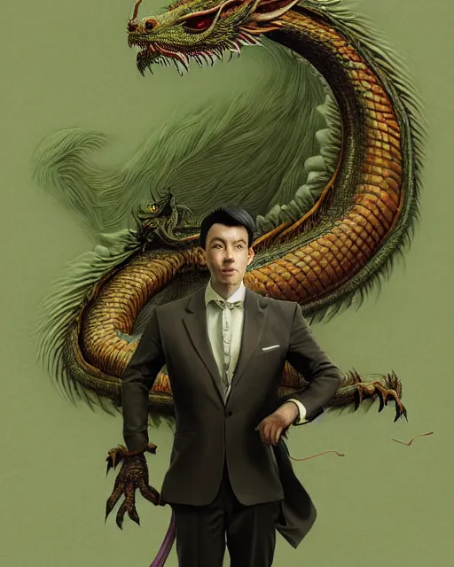 Image similar to anthropomorphic art of a businessman dragon, green dragon, portrait, victorian inspired clothing by artgerm, victo ngai, ryohei hase, artstation. fractal papers, newspaper. stock certificate, highly detailed digital painting, smooth, global illumination, fantasy art by greg rutkowsky, karl spitzweg, jc leyendecker