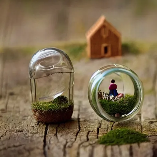 Image similar to tiny people living in a wooden cottage inside a terrarium bottle.