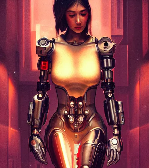 Image similar to ultra realistic full shot of a beautiful cyborg girl with mechanical arms, cyberpunk, sci - fi, fantasy, kodak, colour led, soft light, volumetric lighting, night, intricate, elegant, highly detailed, digital painting, artstation, concept art, smooth, sharp focus, illustration, art by artgerm and greg rutkowski and alphonse mucha