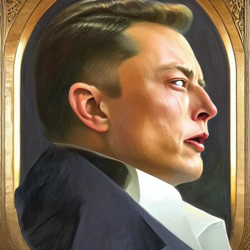 Image similar to “the ultimate gigachad, incredibly muscular Elon musk, Donald Trump with chiseled jawline, trending on /r/moreplatesmoredates, oil on canvas artstation by J. C. Leyendecker and Edmund Blair Leighton and Charlie Bowater octane render”