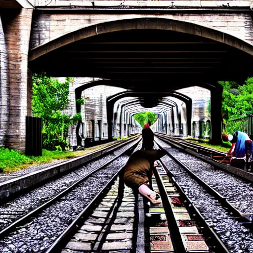 Prompt: poor people life under railway bridge, hyper realistic, best on adobe stock, 3 5 mm lens by steve mccury