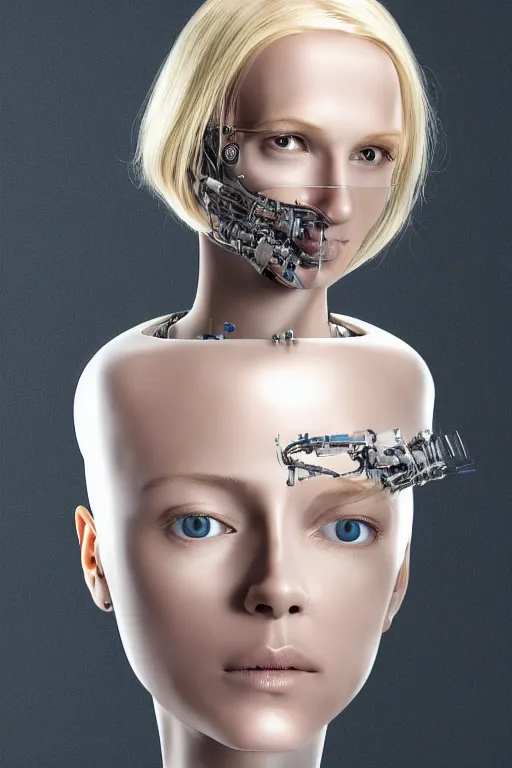 Image similar to robot with human face, female head, full body angle, woman human face, human face realistic, beautiful blonde hair, human head, human head with blonde hair, blonde hair human head, blonde hair, human realistic face, human head skin, cyborg frame concept, cyborg by ales-kotnik, sci-fi android female, the body is made of wires, robotic body, cyborg body, cyborg bust body, robot body cyborg, full body