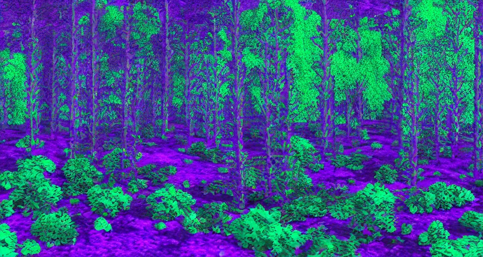 Image similar to 3d Render of blue green red and purple deep sea forest, grainy, noisy