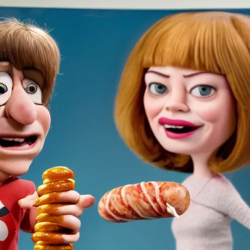 Image similar to hyperrealistic emma stone caricature surrounded by long fat frankfurter sausages by bob byerley and aardman animation, mascot, target reticles