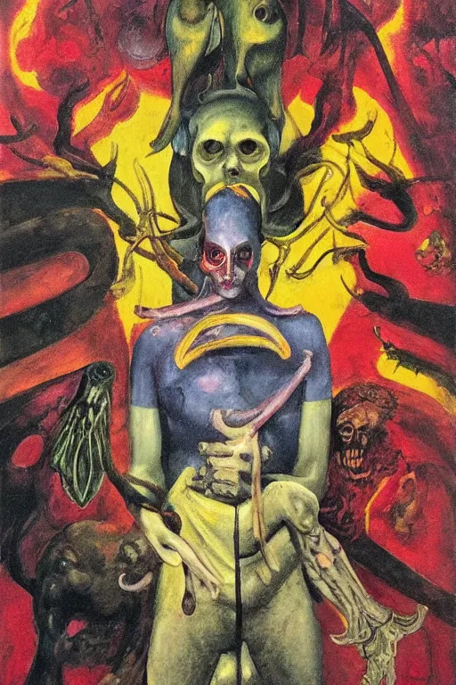 Image similar to surreal a lithe brian molko as slaanesh the prince of pleasure in a post apocalyptic hellscape, esoteric symbolism, intense emotional power, red yellow black, palette knife oil painting by peter booth, josh kirby and william blake