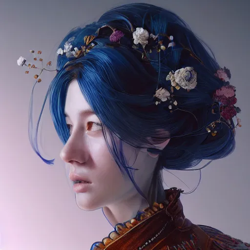 Image similar to the portrait of a blueberry that resembles an absurdly beautiful, graceful, elegant, sophisticated girl, an ultrafine hyperdetailed illustration by kim jung gi, irakli nadar, intricate linework, bright colors, octopath traveler, final fantasy, unreal engine 5 highly rendered, global illumination, radiant light, detailed and intricate environment