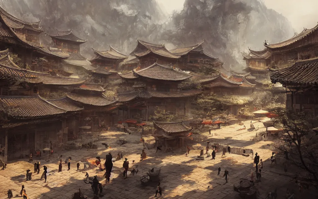 Image similar to shaolin village, sharp focus, wide shot, trending on artstation, masterpiece, by greg rutkowski, by ross tran, by fenghua zhong, octane, soft render, oil on canvas, colorful, cinematic, environmental concept art