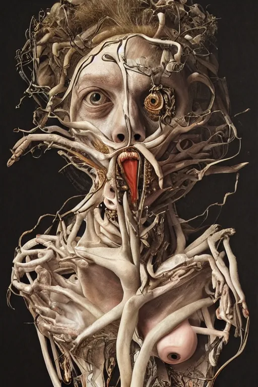 Image similar to Detailed maximalist portrait of a greek god with large lips and eyes, scared expression, botanical skeletal with extra flesh, HD mixed media, 3D collage, highly detailed and intricate, surreal illustration in the style of Jenny Saville, dark art, baroque, centred in image