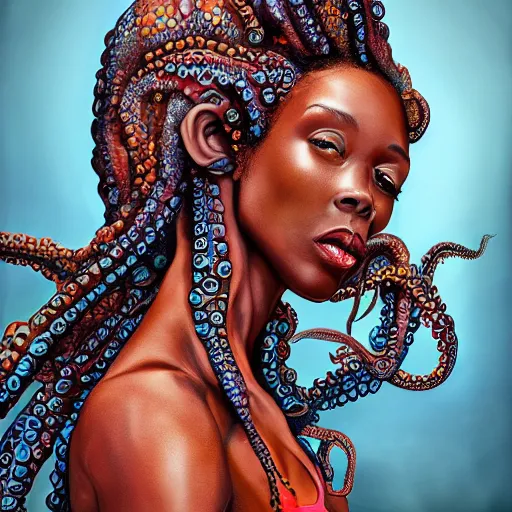 Image similar to rastafari woman with octopus arms as hair, intricate, elegant, highly detailed, digital painting, realistic shading, cinematic composition, hdr, photorealistic, 8 0 mm, concept art, artstation, matte, sharp focus, illustration, art by keith thompson and christopher lane