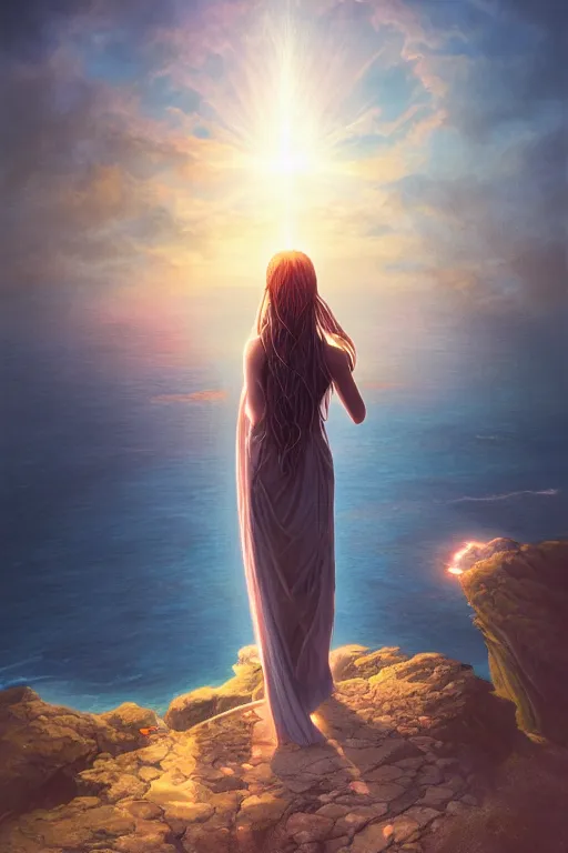 Prompt: a light filled goddess woman standing on a cliff overlooking the ocean, back view, emitting light beams, glowing, emitting light, straight on, by artgerm, tom bagshaw, gerald brom, 4 k, smooth, hd, substance designer render, full body character concept art, cel shading, toon shading, symmetrical,