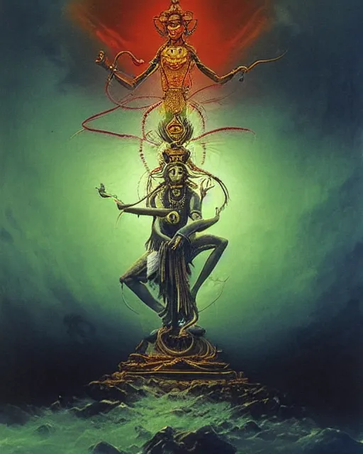 Prompt: One many-armed Shiva. Background in the colors of the rainbow. Drops of blood. High detail, hyperrealism, masterpiece, close-up, ceremonial portrait, solo, rich deep colors, realistic, art by Yoshitaka Amano, Ivan Aivazovsky, Giger
