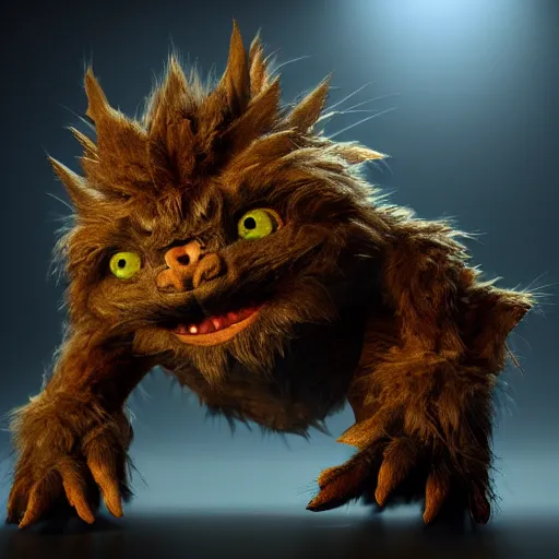 Image similar to full body pose, hyperrealistic photograph of a cute fuzzy goblin monster, dim volumetric lighting, 8 k, octane beautifully detailed render, extremely hyper detailed, intricate, epic composition, cinematic lighting, masterpiece, trending on artstation, very very detailed, stunning, hdr, smooth, sharp focus, high resolution, award, winning photo, dslr, 5 0 mm