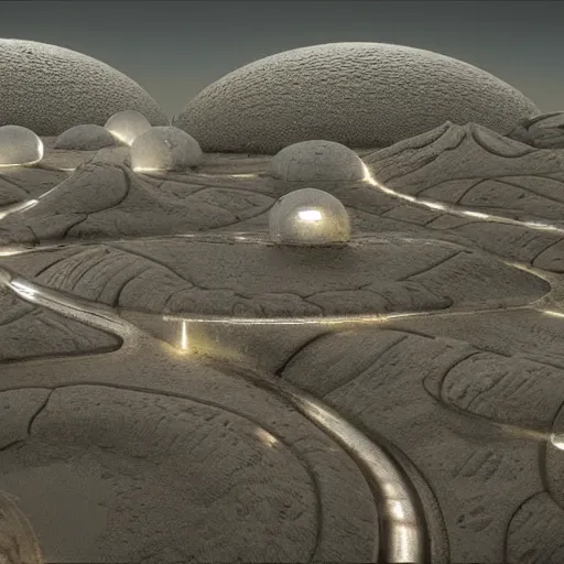 Prompt: alien architecture with luminous rounded edge buildings in landscape with craters and strange alien plants 4k detailed magical realism trending on artstation