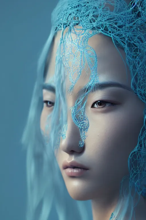 Image similar to intricate highly detailed face portrait of asian - european woman, light blue water vines on her face, intricate, cgsociety, unreal engine, octane render, sharp focus, smooth, volumetric lighting, cinematic composition, artstation