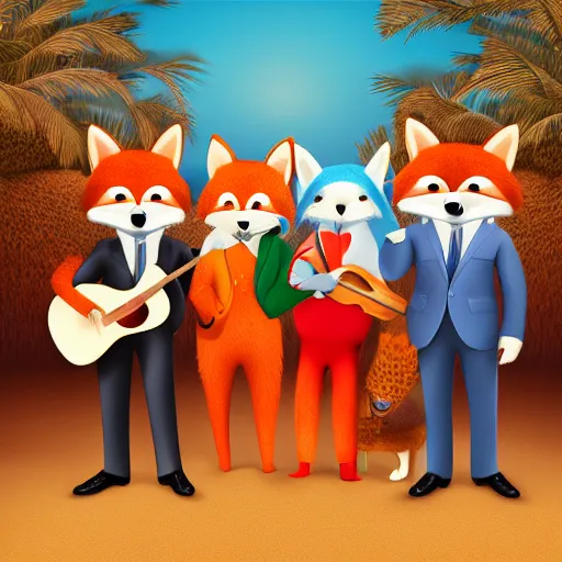 Image similar to photorealistic music album cover, with anthropomorphic foxes animals dressed in suits, holding guitars, on a beach, all looking at camera, studio lighting, award winning photograph, 8 5 mm f / 1. 4