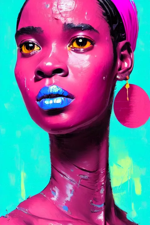 Image similar to portrait of a stylized african young lady, painted in acrylic, pigment textures, wet paint, in the colors hot pink and cyan, beautiful realistic face, rule of thirds, spotlight, by greg rutkowski, by jeremy mann, by francoise nielly, by van gogh, by ross tran, in focus