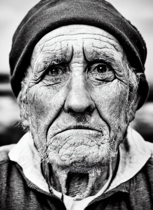 Image similar to A portrait photo of an old man with only one eye, high contrast, black and white