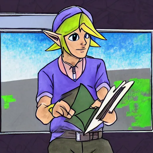 Image similar to link from the legend of zelda reading a news bulletin from a teleprompter, digital art