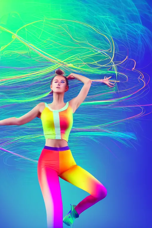 Image similar to a award winning half body portrait of a beautiful woman with stunning eyes in a croptop and leggings with reinbow colored ombre hairstyle head in motion and hair flying while dancing by thomas danthony, surrounded by whirling illuminated lines, outrun, vaporware, shaded flat illustration, digital art, trending on artstation, highly detailed, fine detail, intricate