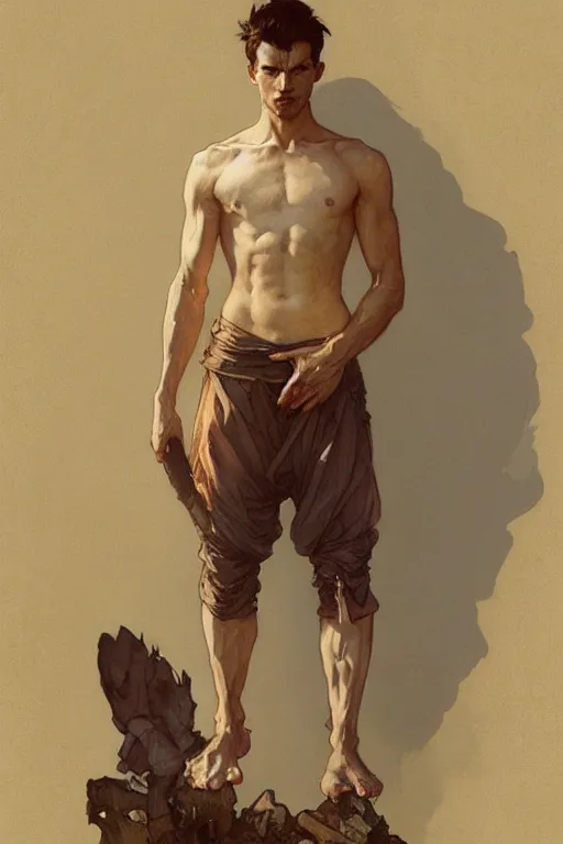 Image similar to full figure portrait of a single beautiful young fit man, large pants, bare feet, by greg rutkowski and alphonse mucha, d & d character, modern interior room background, highly detailed portrait, digital painting, artstation, concept art, smooth, sharp focus ilustration, artstation hq