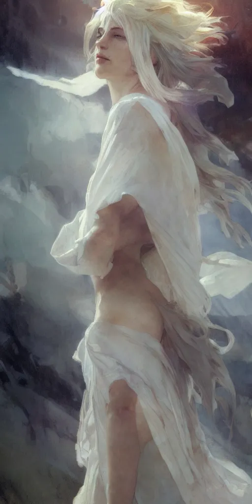 Prompt: a beautiful white haired young lady, with her toga floating about, artwork by jeremy mann and alphonse mucha, photo realistic, dynamic lighting, windy, artstation, poster, dreamy, volumetric lighting, ethereal, 4 k, high detail