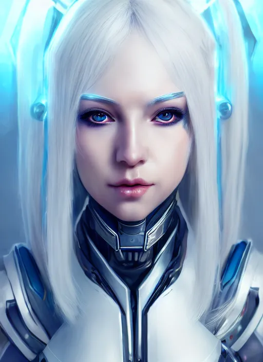 Image similar to detailed portrait of perfect white haired girl, android, warframe armor, beautiful, pretty face, blue cyborg eyes, innocent, scifi, 4 k, sun yunjoo, ultra realistic, aura of light, cinematic lighting, highly detailed, sharp focus, artstation, masterpiece, art by hyungjin yang