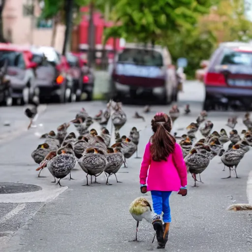 Image similar to a flock of sparrows following a little girl walking on the street