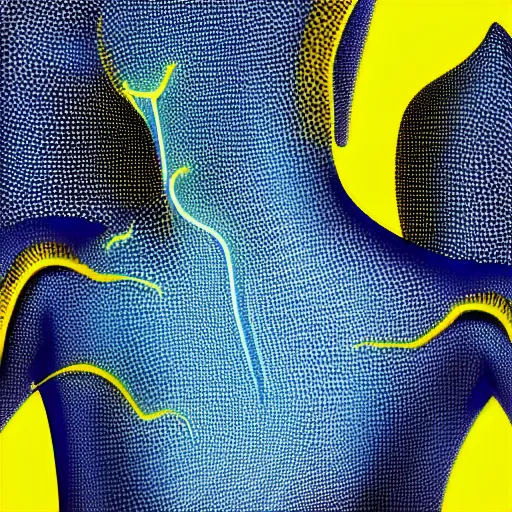 Image similar to human man that resembles a wasp morh in surreal sketch style, blue and yellow gradient, noise, ultrafine detail, hd 8k, logo illustration