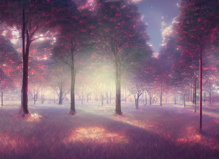 Prompt: lost in a candycane forest, anime scenery by Makoto Shinkai