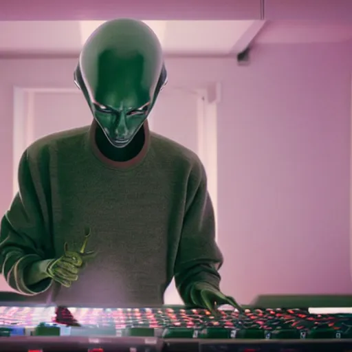 Image similar to cinematic film still of Pharrell Williams Making A Beat with an anthropomorphic alien, Japanese VFX, 2018, 400mm lens, f1.8, shallow depth of field,film photography