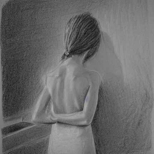 Image similar to backside photograph of a girl holding the bathroom sink with both hands in a dark room and crying, textured pencil sketch