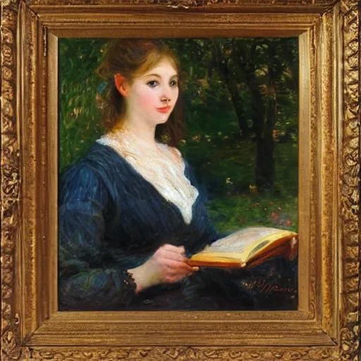 Prompt: portrait of a young woman holding a book, impressionism, realism, landscape, portrait, romanticism, painting by nikolay makovsky