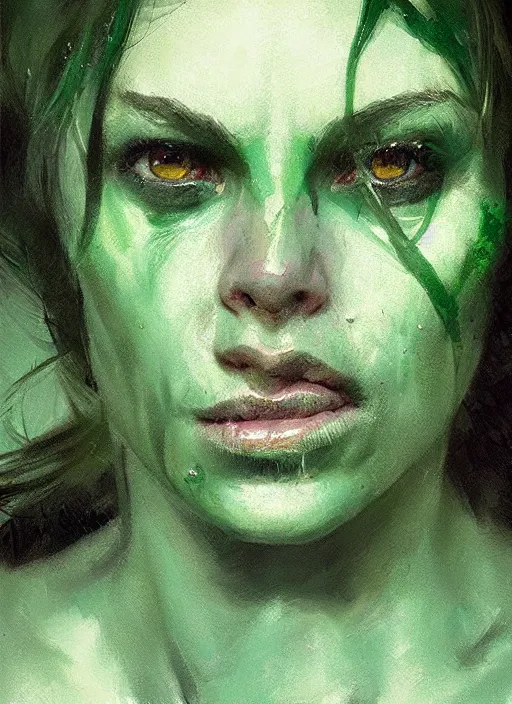 Prompt: green orc female, light green tone beautiful face by jeremy mann, greg rutkowski