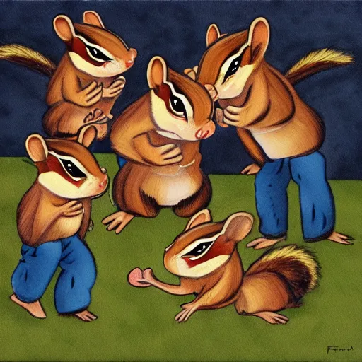 Prompt: multiple chipmunks attack a man, Frank Frazzetta