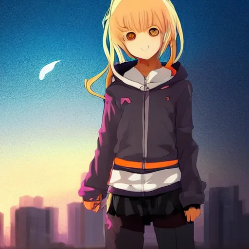 Prompt: Astonishing Pixiv 8K Splash art of an Anime Key Visual Pinterest loli with blond hair and cute pigtails who wears a blue coat with a hood and black shorts when practicing parkour through a big modern city in twilight from Unsplash. She does a superhero pose against a cinematic dark scene of an HDR sunset with faint orange light in Studio Ghibli style. Amazing piece Trending on Artstation and DeviantArt, dynamic lighting,