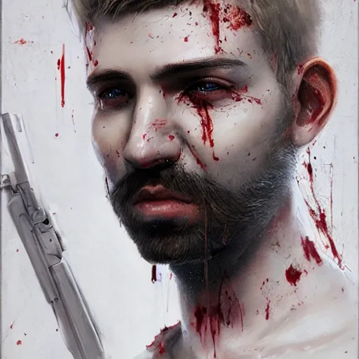 Prompt: portrait painting of a smiling police officer with pale skin short blond hair a patchy beard and blood stains on his mouth, sharp focus, ultra realistic, concept art, intricate details, eerie, highly detailed, photorealistic, octane render, 8 k, unreal engine. art by artgerm and charlie bowater and greg rutkowski