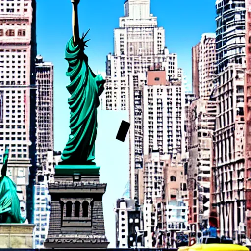 Image similar to liberty statue sitdown pose, new York background, very convincing