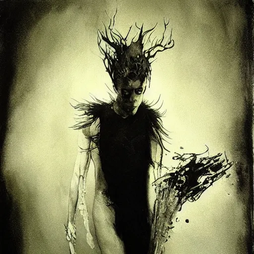 Image similar to gaunt ( the cure fan ) as dream from sandman, by jeremy mann, by cedric peyravernay, by ben templesmith, by dave mckean and richard avedon, dramatic lightning, sadness, closed eyes, dark eye sockets, in the shadows, black t - shirt, 1 9 8 0's, punk rock, gothic, high detailed, 8 k